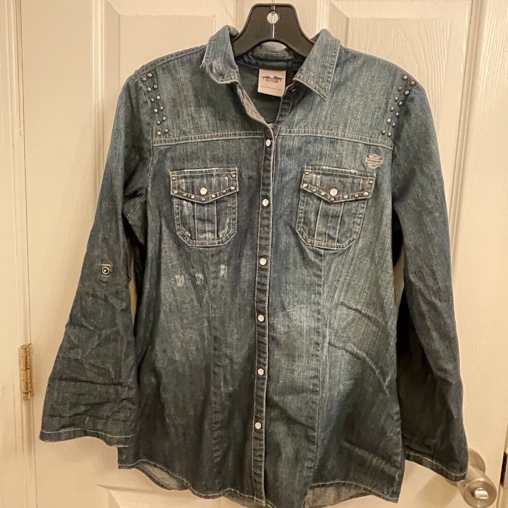 Harley Davidson Denim Pearl Snap Button Down Sleeve Tab Embroidery Shirt Size S